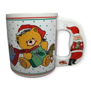 Vintage Enesco Christmas Teddy Ceramic Coffee Mug w/Santa "D" Handle 3.75" Tall